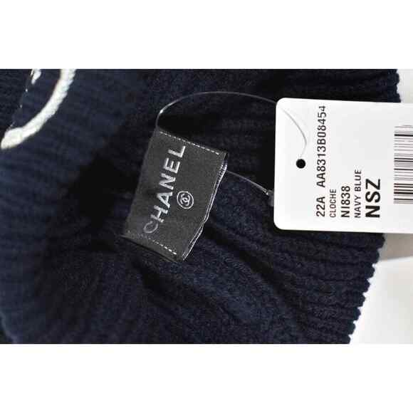 Chanel 22A Cashmere Navy Blue Silver Sequin CC Logo Beanie Winter Hat Cap Cloche